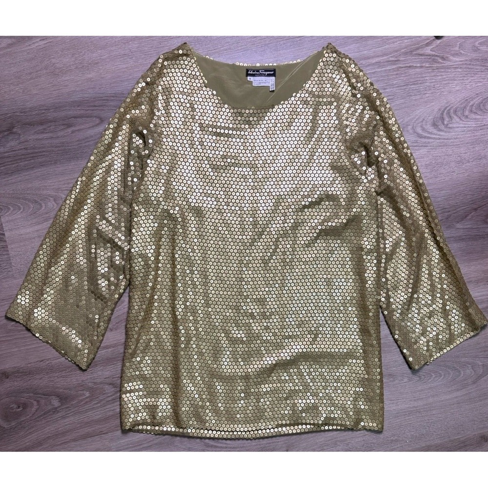 Salvatore Ferragamo Gold Silk Sequin Embellished Tunic Shirt Size‎ M Glam Shiny